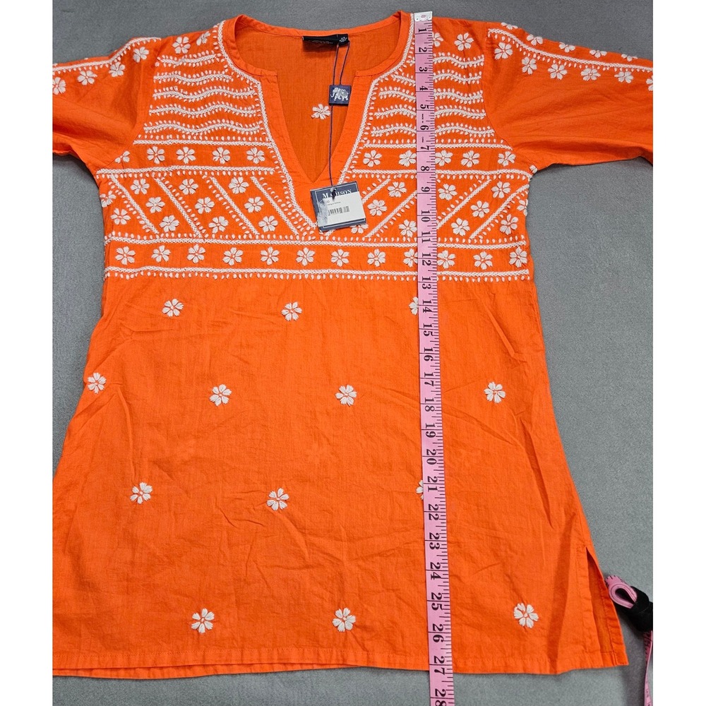 Madison Mathews Tunic Top Sz XS Orange White Floral Embroidered Cotton New - Picture 3 of 10